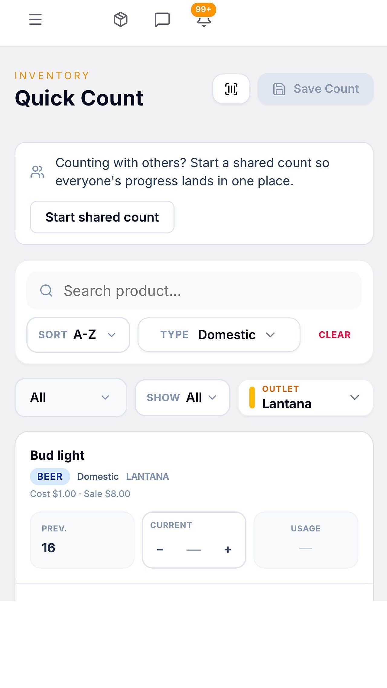 Quick Count screen in the Allie's app, with the shared count option