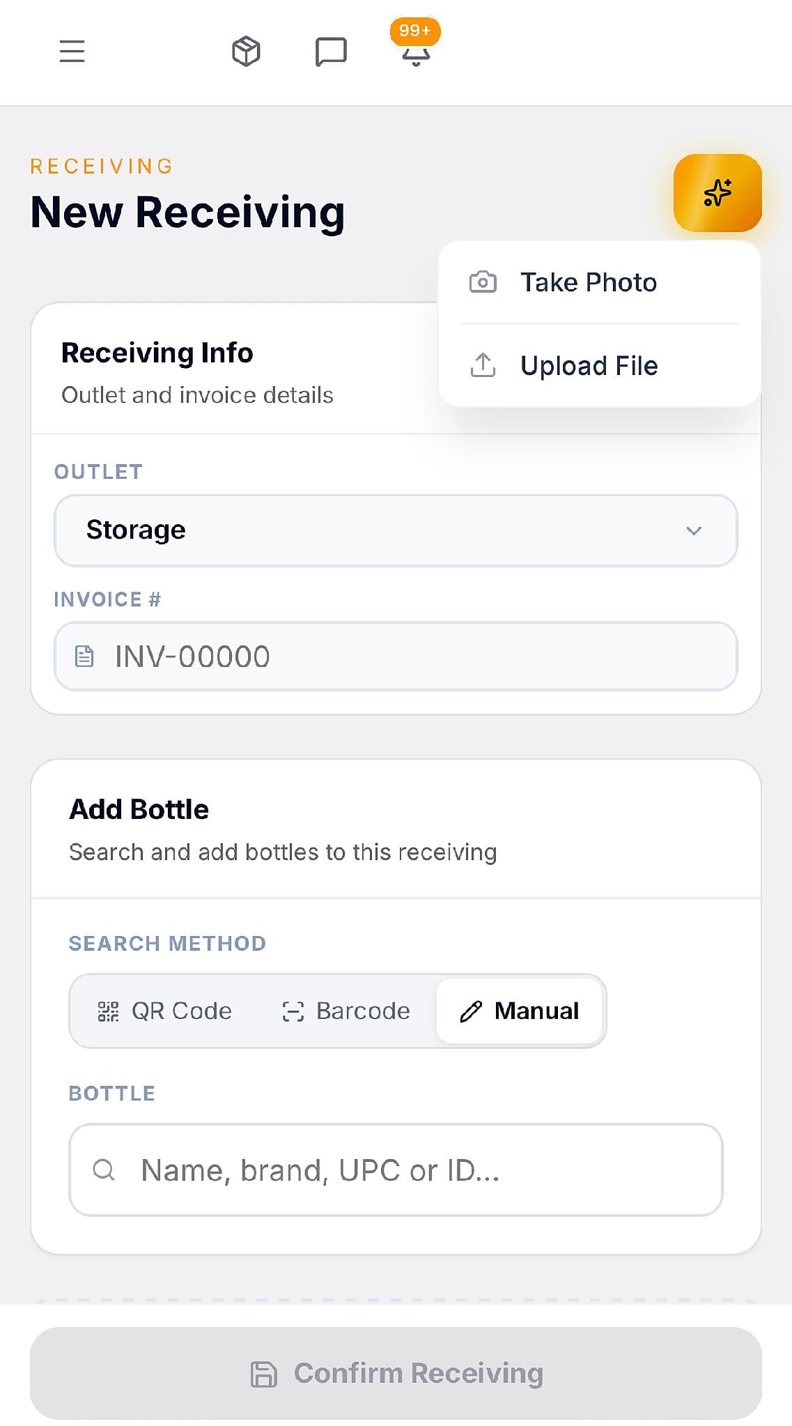 New Receiving screen in the Allie's app, with Take Photo and Upload File options