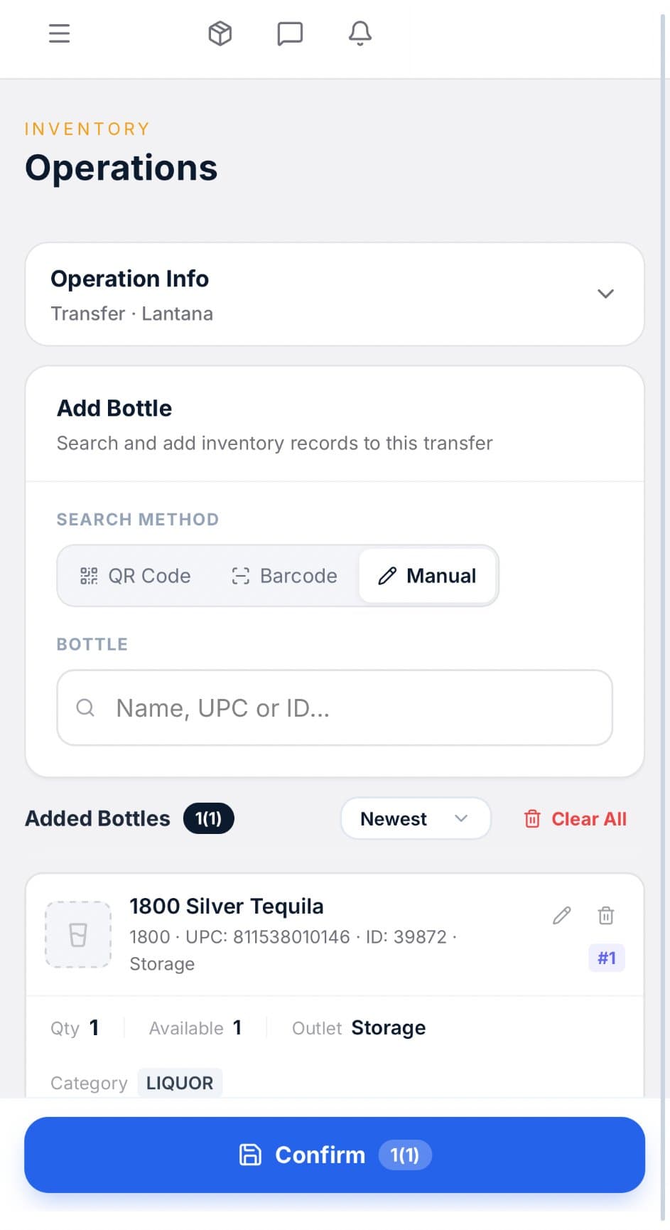 Operations screen in the Allie's app, recording a transfer
